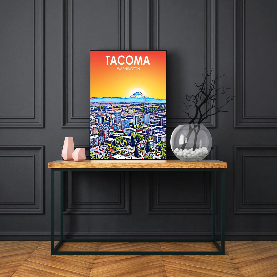 Tacoma Washington Sunset Aerial Mount Rainier Peak Art Poster - Image 3