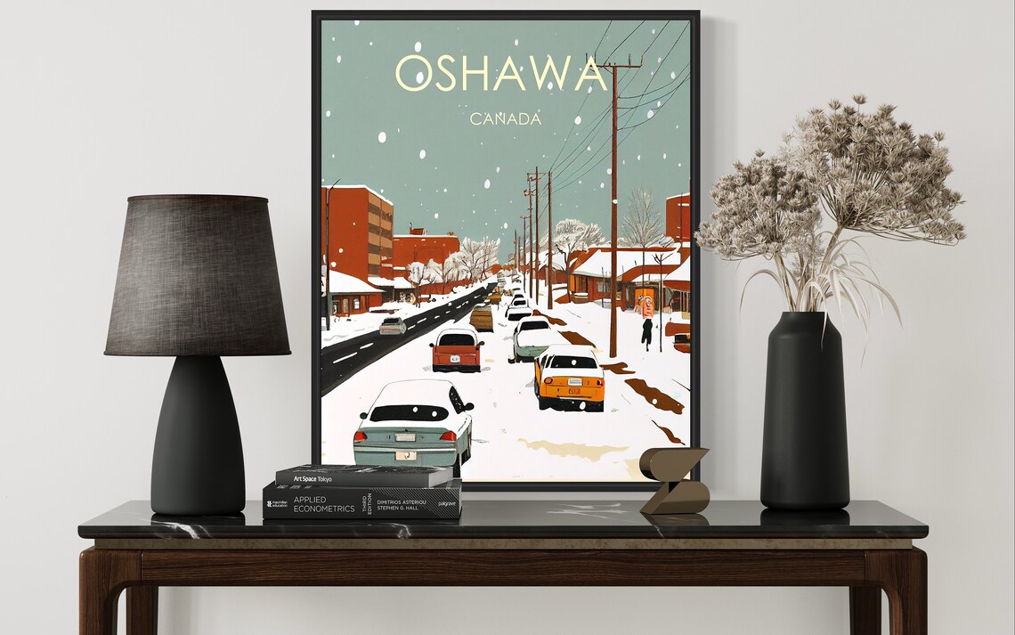 Oshawa Canada Retro Snowy Winter Street Vintage Cars Scene Poster - Image 3
