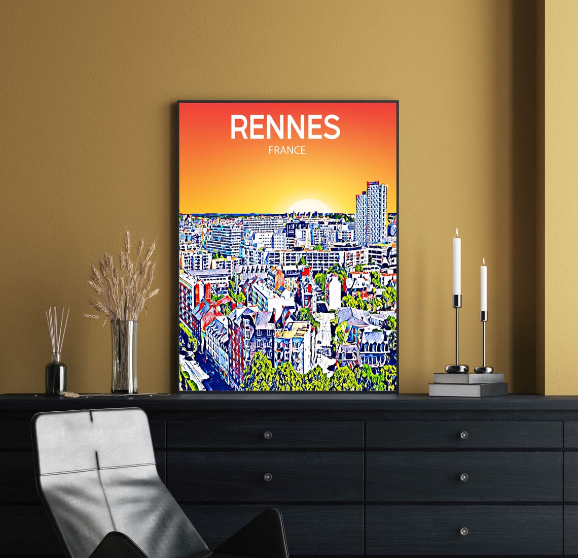 Rennes France Art Poster Sunset Night Poster Art Print Rennes City Modern Wall Art Colorful Skyline Photo Sketch - Image 2