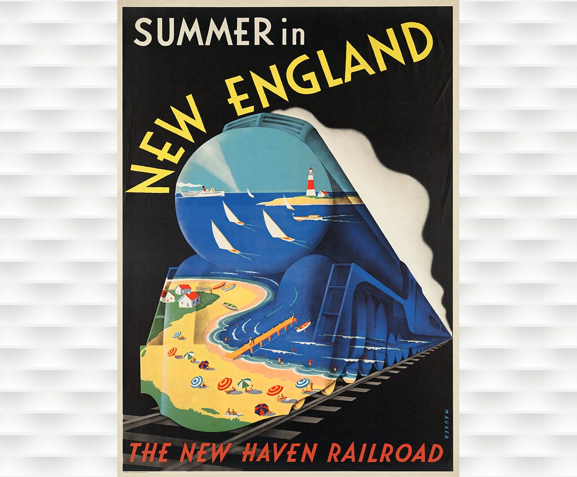 Summer in New England New Haven Railroad Locomotive Beach Poster