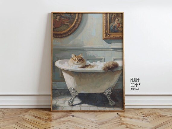 Fluffy Cat In Clawfoot Bathtub Vintage Oil Style Whimsical Humor Poster