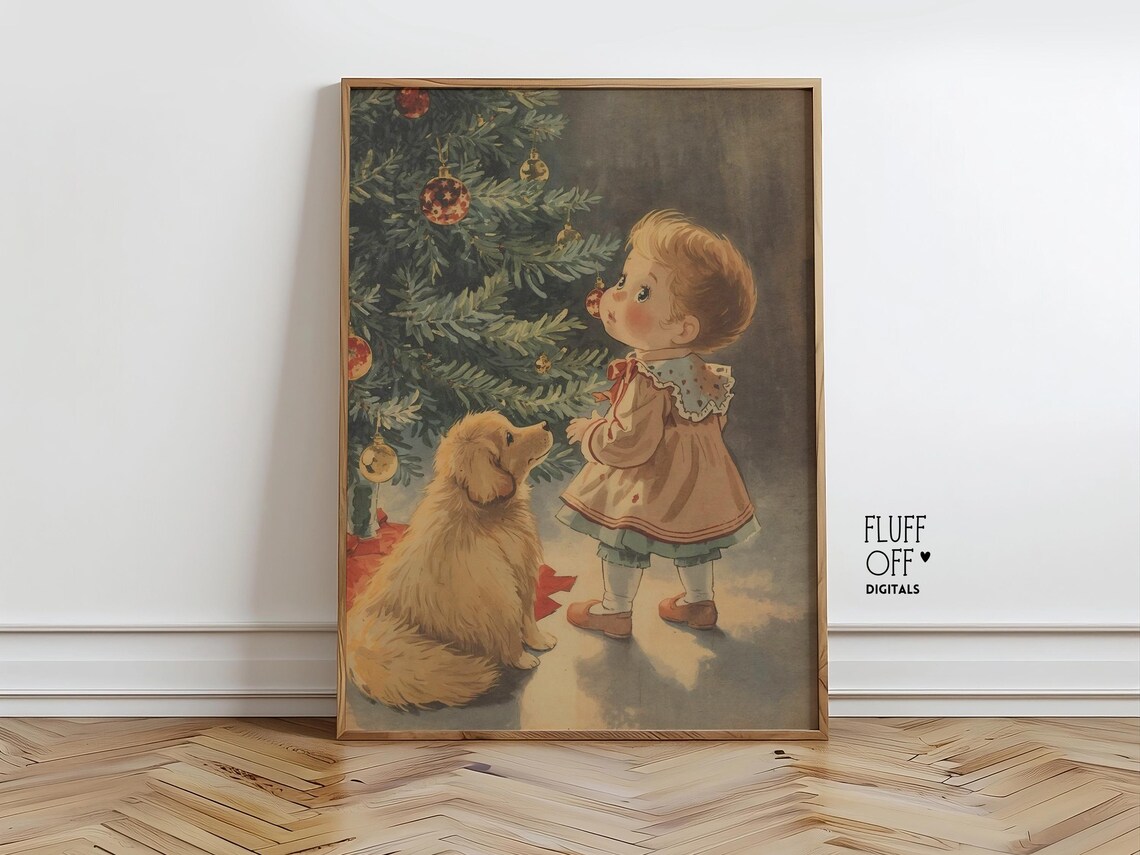 Vintage Girl And Puppy Christmas Tree Nostalgic Holiday Cozy Art Poster