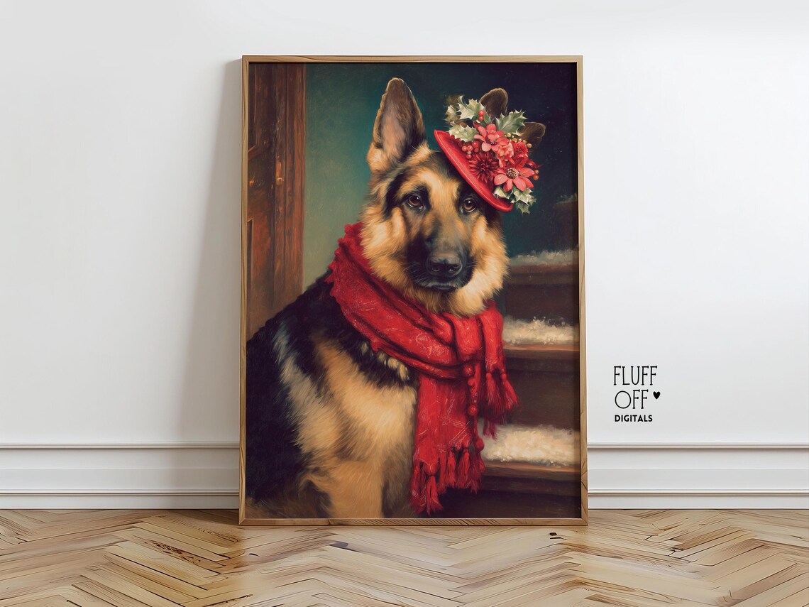German Shepherd Christmas Red Hat Scarf Vintage Holiday Dog Art Poster