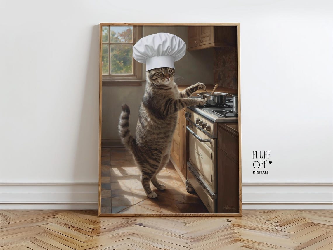 Tabby Cat Chef Cooking At Stove Funny Kitchen Wall Decor Art Poster