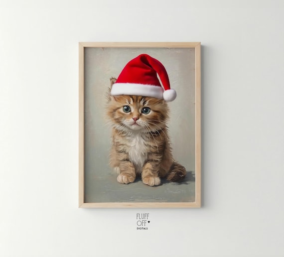 Cute Tabby Kitten in Santa Hat Cozy Christmas Portrait Poster