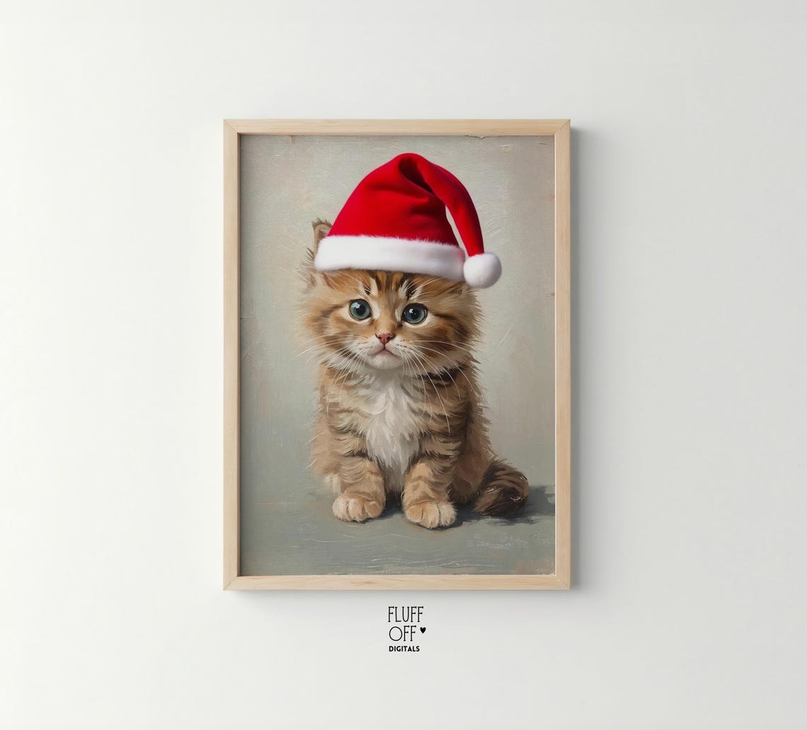 Cute Tabby Kitten in Santa Hat Cozy Christmas Portrait Poster