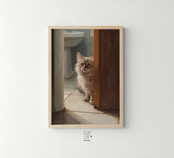 Sweet Curious Kitten Peeking Behind Door Cozy Cat Lover Wall Art