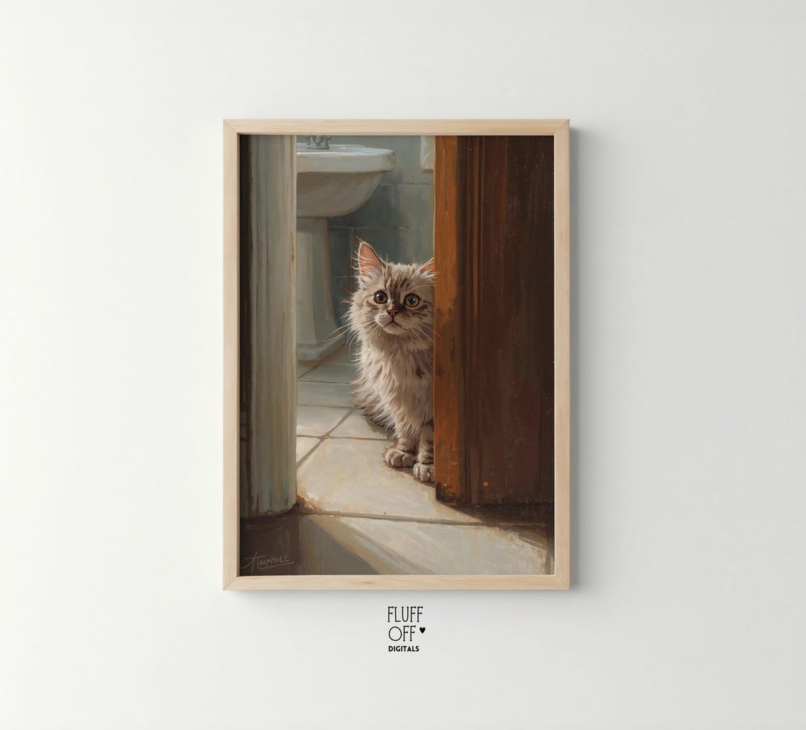Sweet Curious Kitten Peeking Behind Door Cozy Cat Lover Wall Art