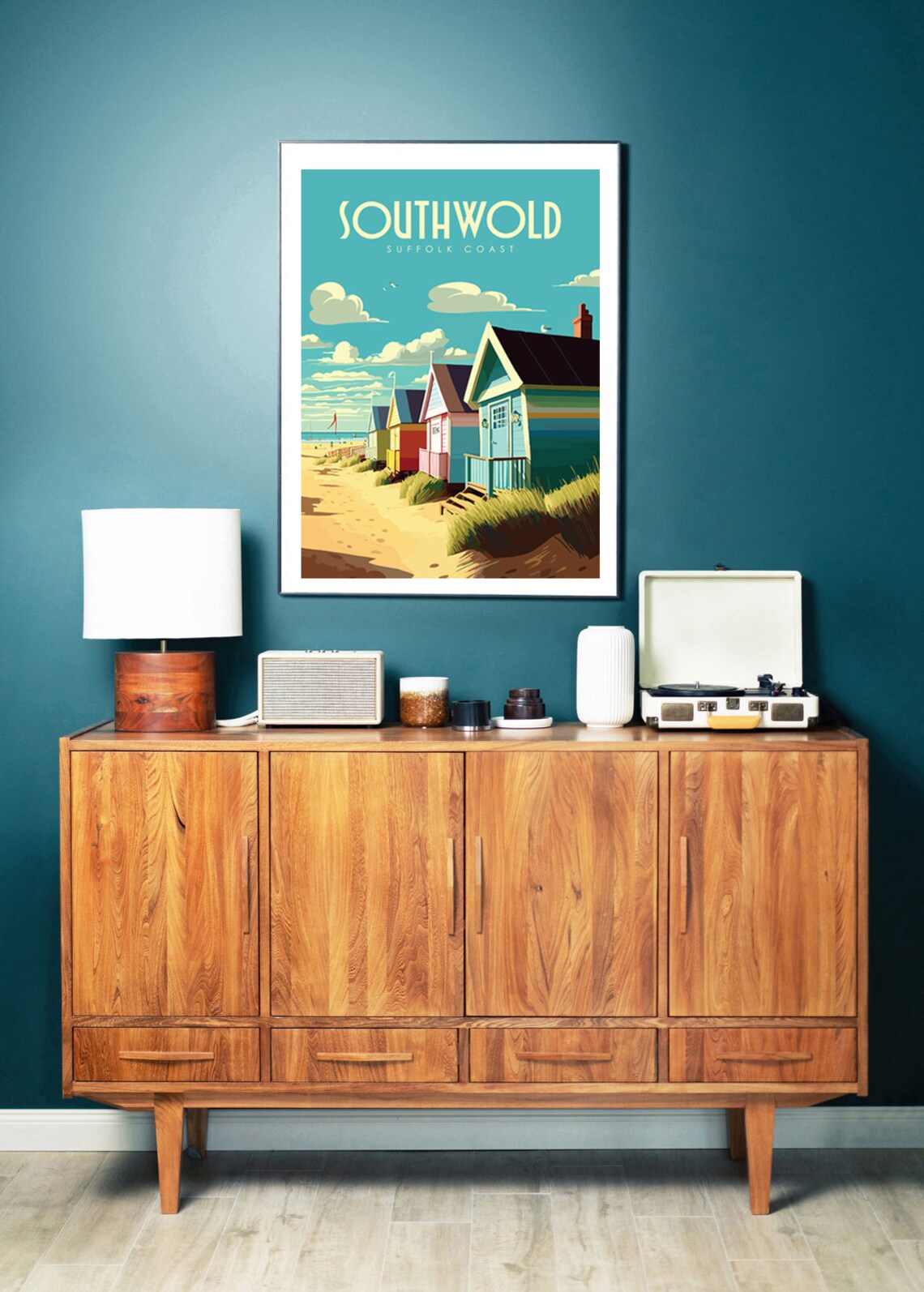 Southwold Suffolk Coast Colorful Beach Huts Retro Travel Poster - Image 2