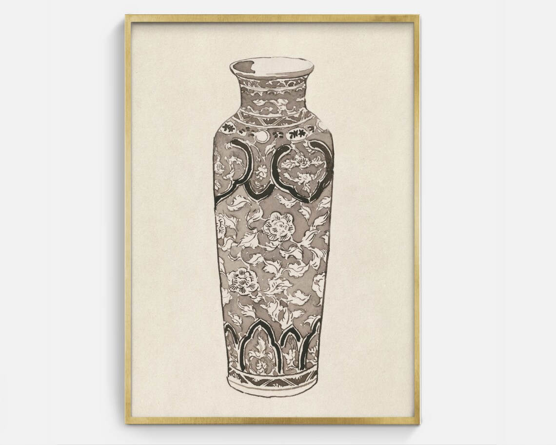 Tall Antique Floral Vase Brown Ink Drawing Vintage Still Life Poster
