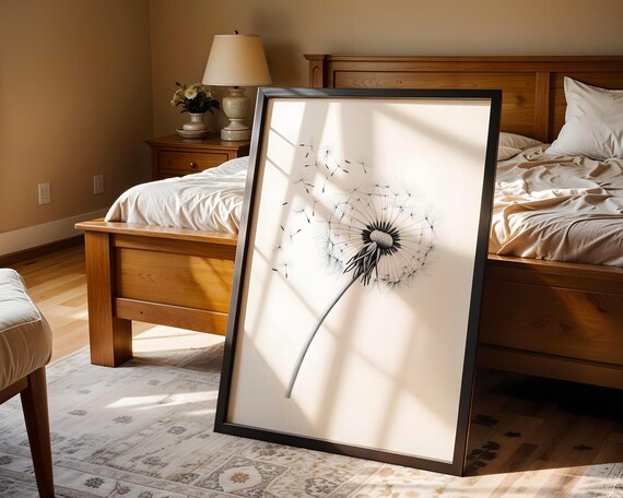 Dandelion Seed Head Blowing Delicate Monochrome Nature Sketch Poster