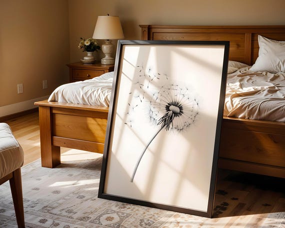 Dandelion Seed Pencil Sketch Wall Art Monochrome Nature Poster Minimalist Living Room And Nursery Decor