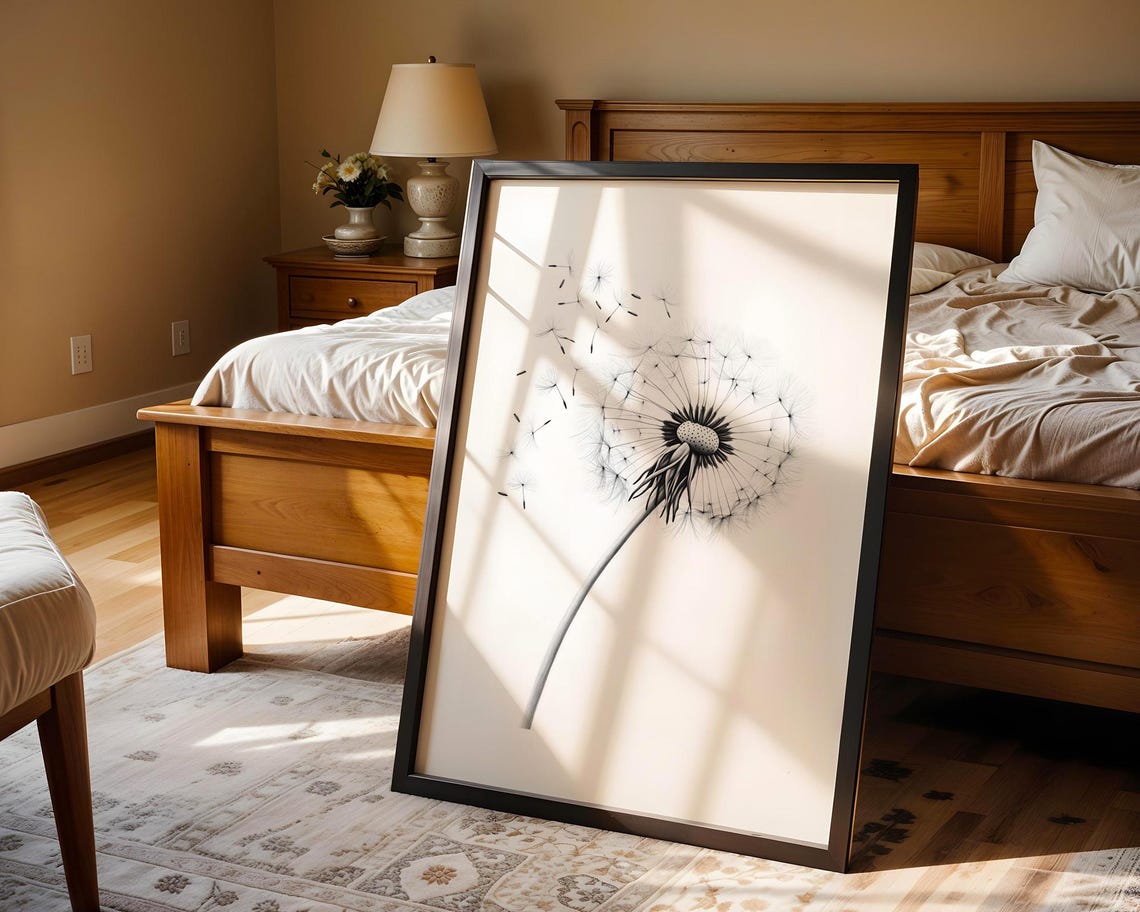 Dandelion Seed Head Blowing Delicate Monochrome Nature Sketch Poster