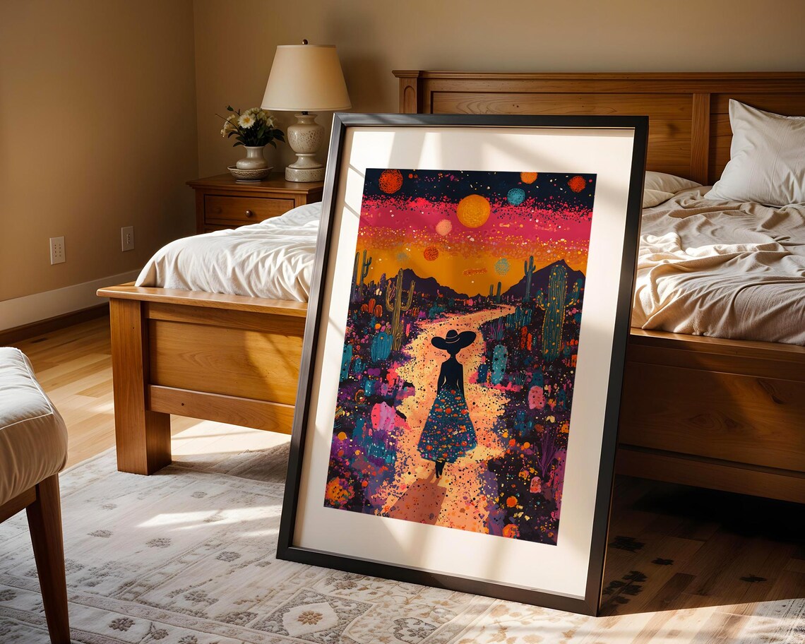 Whimsical Desert Sunset Woman Silhouette Cacti Colorful Sky Wall Art - Image 5