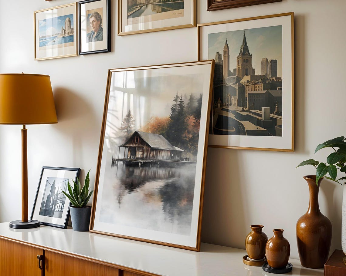 Misty Lake Boathouse Watercolor Calm Nature Serene Cabin Poster - Image 3