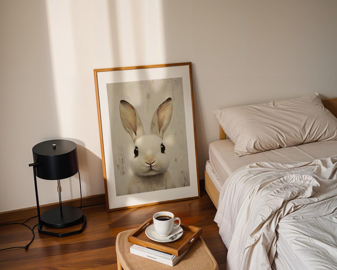 Adorable White Rabbit Portrait Painting Cute Bunny Art Poster - Image 3
