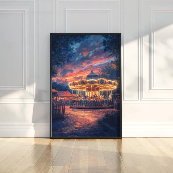 Enchanting Vintage Carousel At Sunset Wall Art Twilight Fairground Poster Cozy Home Decor Nursery
