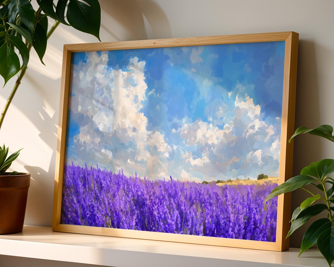 Lavender Field Blue Sky Summer Landscape Oil Painting Wall Print - Image 4