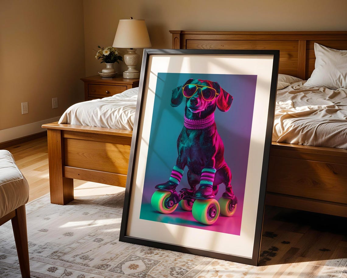Cool Dachshund Neon Sunglasses Roller Skates Retro Pop Dog Wall Art - Image 4