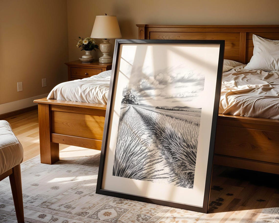 Expansive Wheat Field Monochrome Pencil Sketch Serene Rural Poster - Image 4
