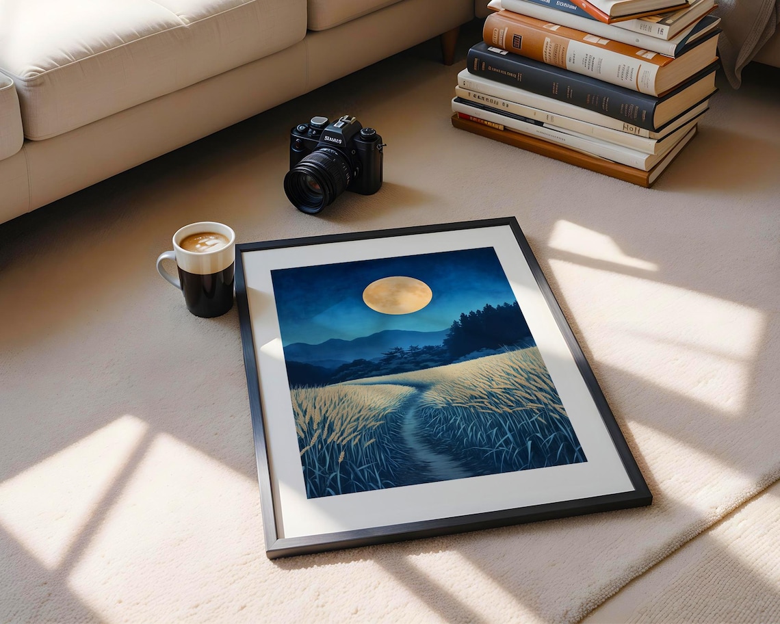 Calm Full Moon Over Golden Field Blue Night Landscape Poster - Image 5