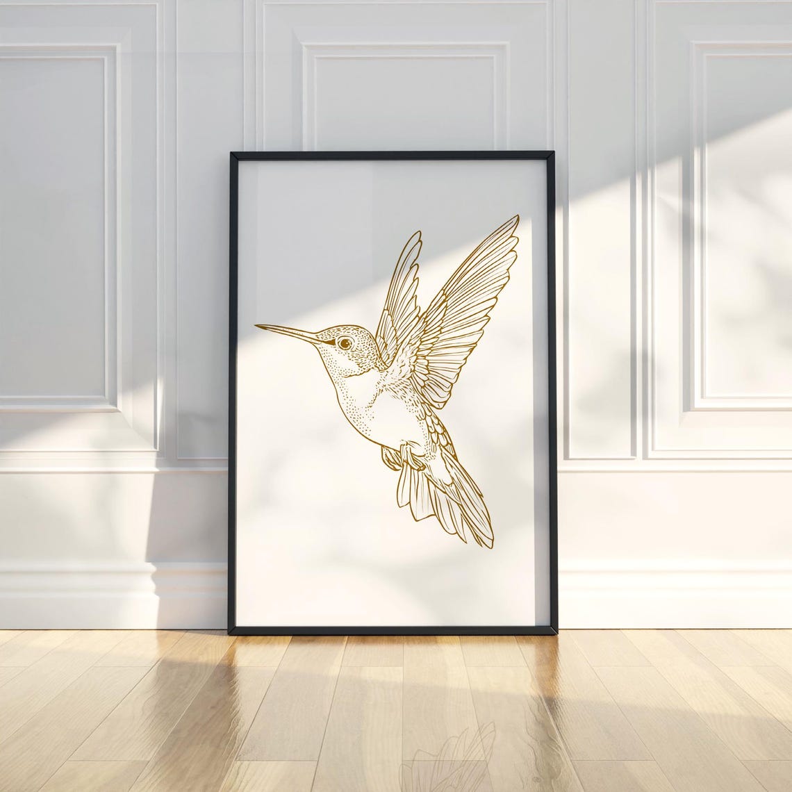 Hovering Hummingbird Gold Line Drawing Minimalist Bird Poster