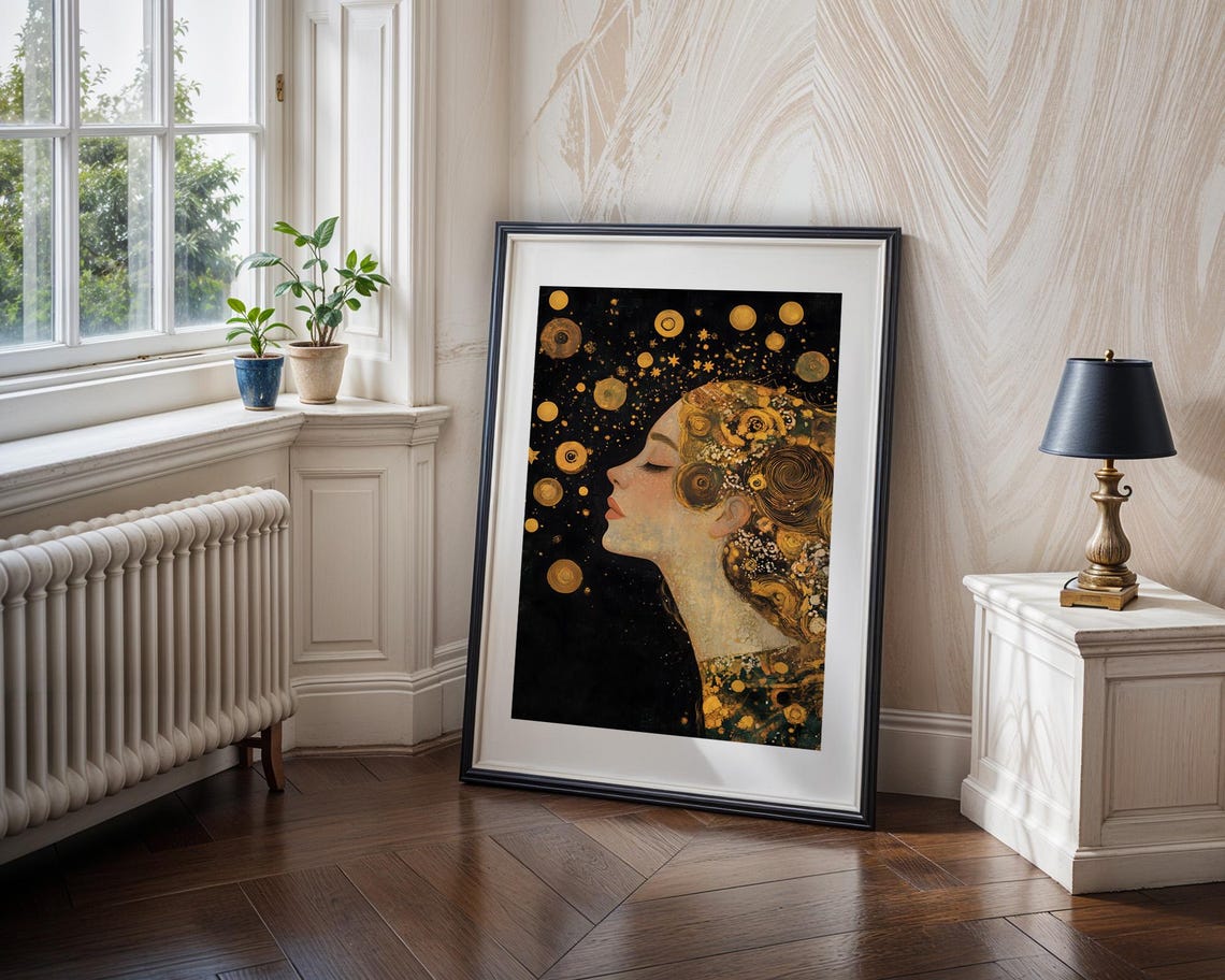 Dreamy Cosmic Goddess Portrait Golden Stars Ethereal Wall Art - Image 4