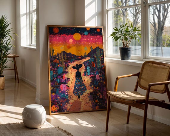 Whimsical Desert Sunset Silhouette Wall Art Print Trendy Decor Prints Colorful Southwestern Landscape Woman