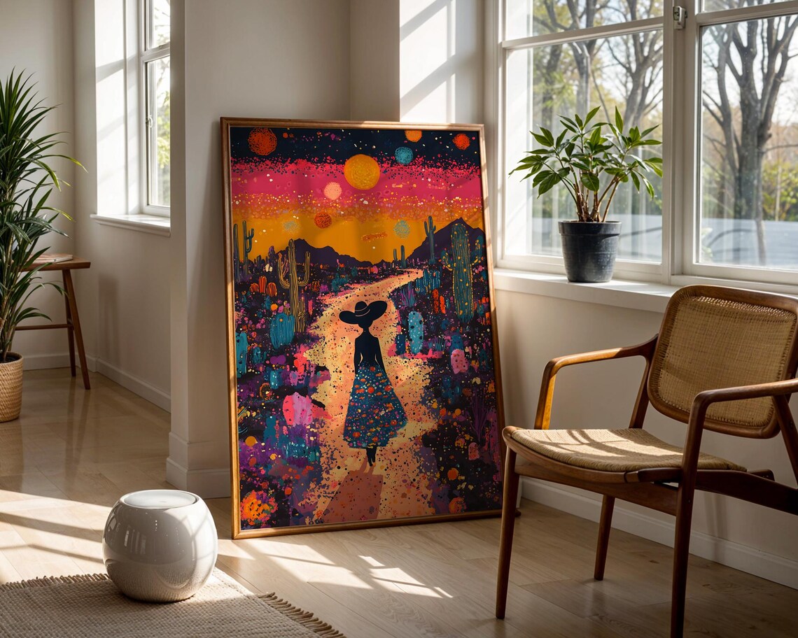 Whimsical Desert Sunset Woman Silhouette Cacti Colorful Sky Wall Art