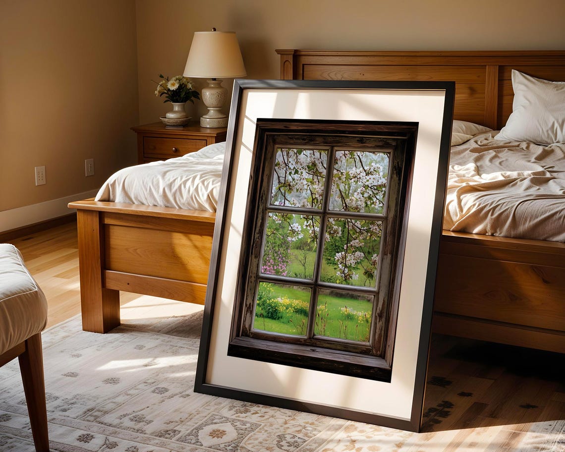 Rustic Window Spring Blossom Garden View Charming Vintage Wall Art - Image 4