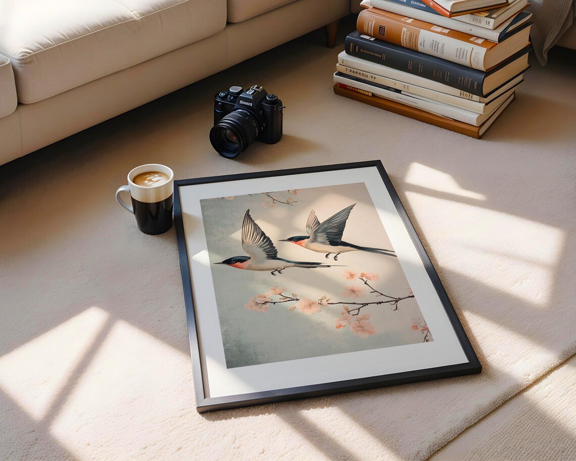 Japanese Swallows Flying with Pink Cherry Blossom Art Poster - Image 5