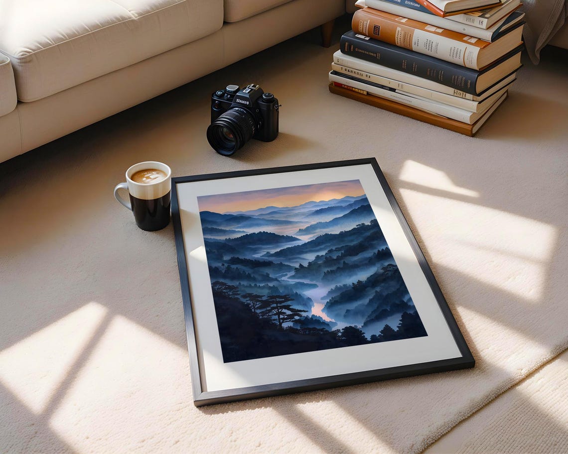 Misty Blue Mountain Valley Sunset River Landscape Nature Poster - Image 6