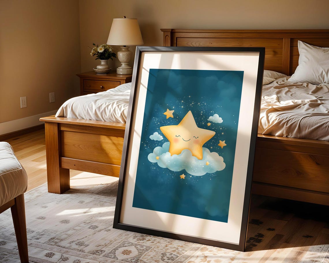 Sleeping Star Clouds Night Sky Cute Kids Nursery Room Art Print