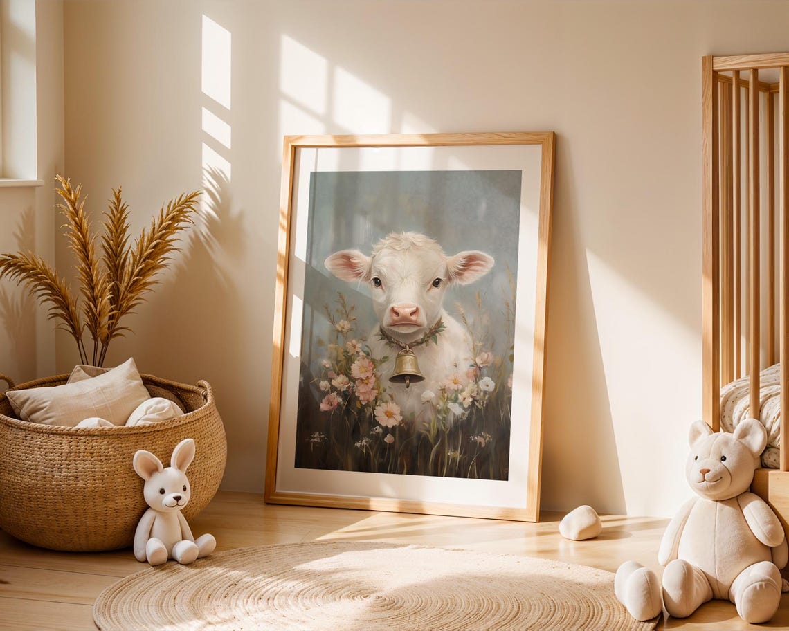 Floral Cute Baby Highland Cow Wall Art Print Farmhouse Nursery Animal Illustration Calf Bell Wildflowers Room Kids Playroom Decor Gift - Image 4