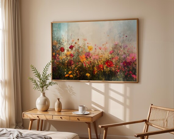 Colorful Tropical Flower Meadow Wall Art Vibrant Exotic Floral Field Painting With Lush Summer Blooms Instant