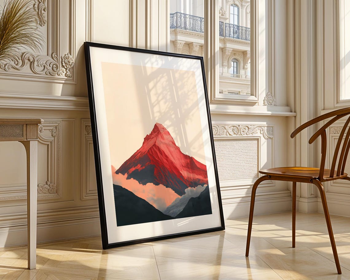 Bold Red Mountain Peak Above Misty Clouds Striking Modern Art Poster - Image 3