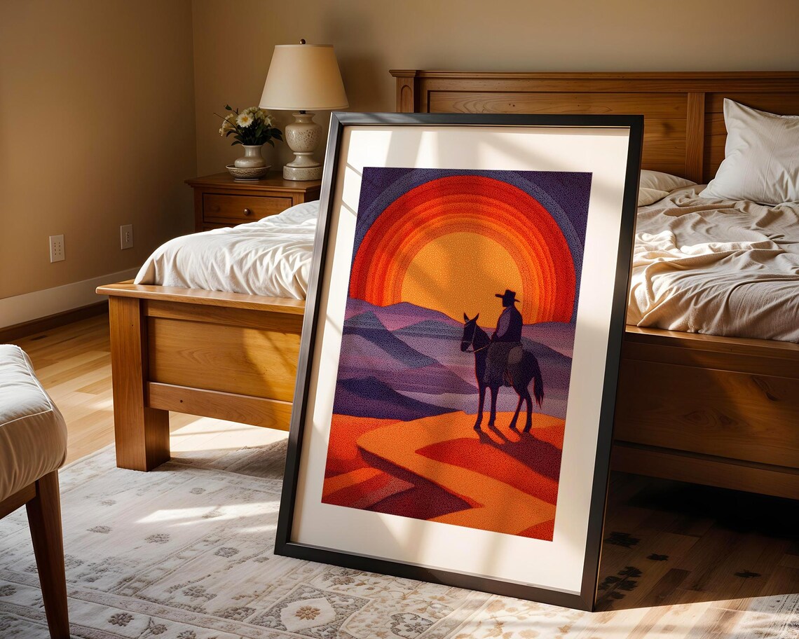 Cowboy On Horseback Sunset Western Desert Pointillist Poster - Image 4