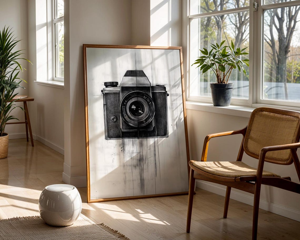 Vintage Analog Film Camera Retro Black And White Sketch Poster