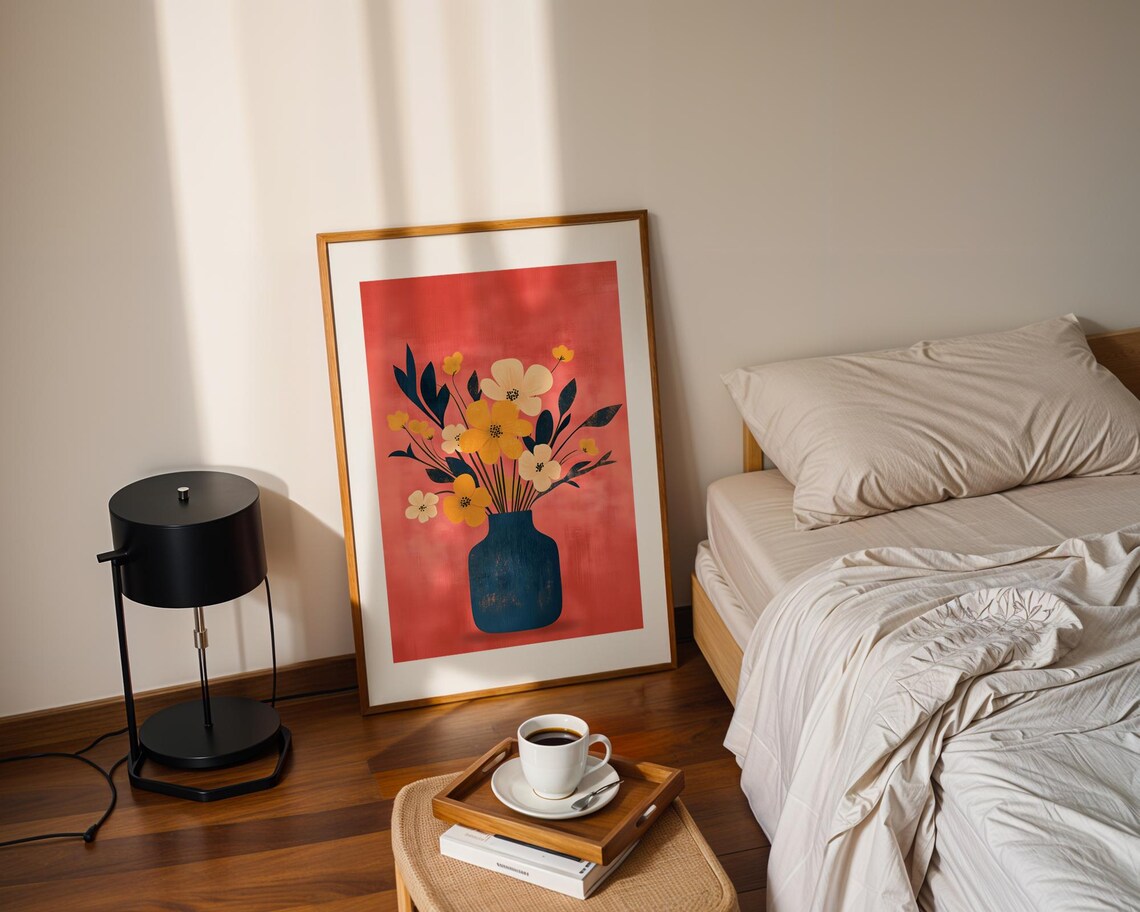 Cheerful Floral Bouquet In Dark Blue Vase On Coral Pink Poster - Image 2