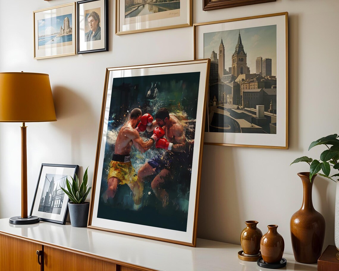 Boxers Fighting Match Red Gloves Dramatic Oil Painting Sports Poster - Image 3