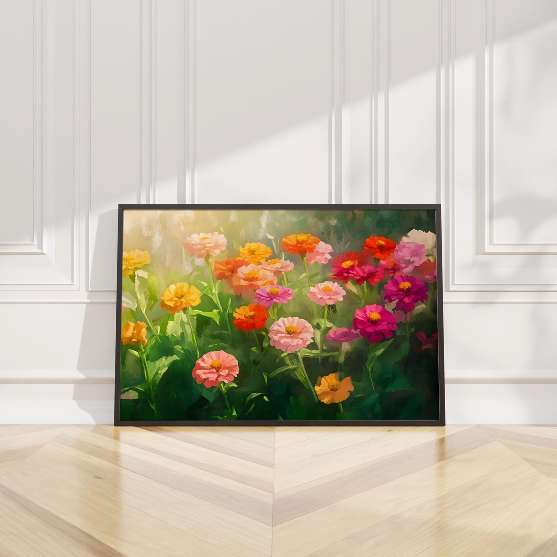 Colorful Zinnia Flower Garden Sunlit Oil Painting Bloom Wall Art