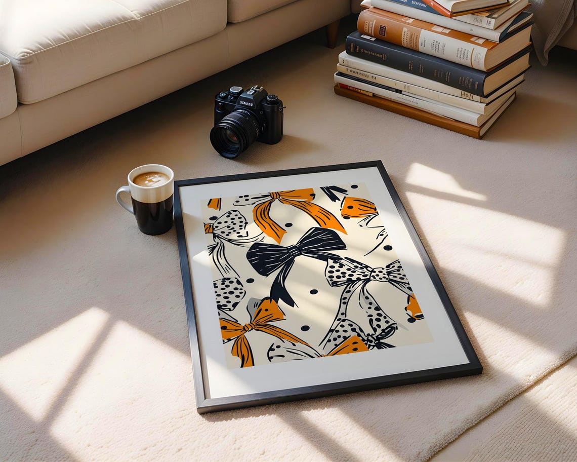 Retro Bow Pattern Orange Navy Polka Dot Vintage Girly Wall Art - Image 6