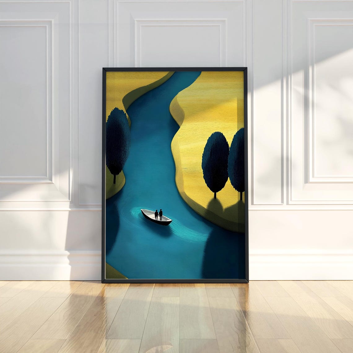 Golden River Minimalist Aerial Abstract Boat Journey Style Poster