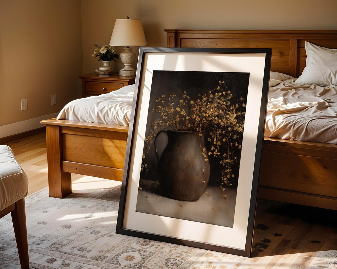 Dark Rustic Vase with Golden Dried Wildflowers Moody Oil Poster - Image 4