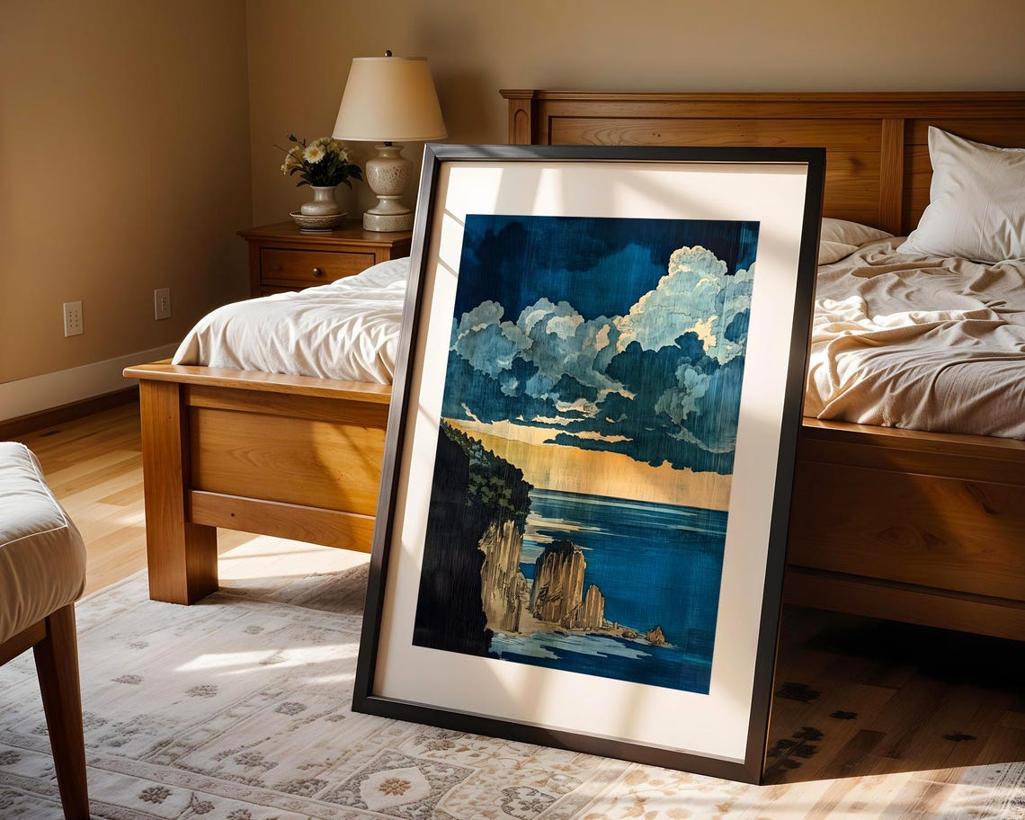 Stormy Ocean Cliffs Dramatic Seascape Woodblock Style Art Poster - Image 4