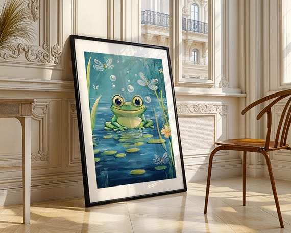 Cute Frog Lily Pad Pond Dragonflies Art Print Trendy Wall Room Decor Prints Poster Gift