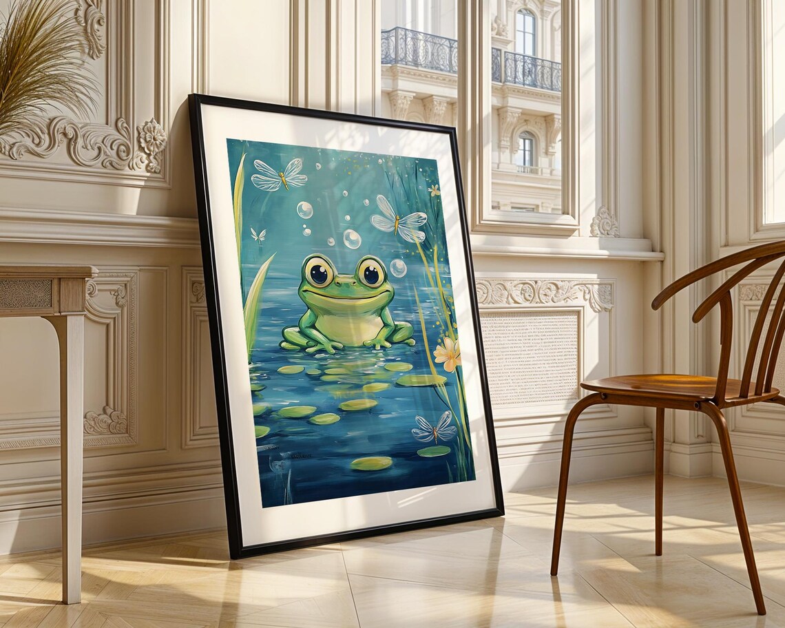 Cute Green Frog On Lily Pads Dragonflies Pond Nursery Wall Art