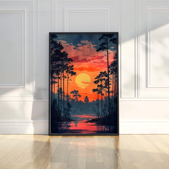 Atmospheric Forest Sunset Wall Art Print Nature Landscape Large Sun Modern Room Decor Vibrant Scene Fine Home Gift