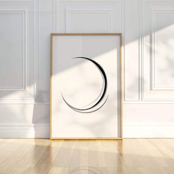 Minimalist Crescent Moon Line Drawing Sketch Wall Art Print Black White Celestial Space Abstract Modern Contemporary Home Decor Nursery