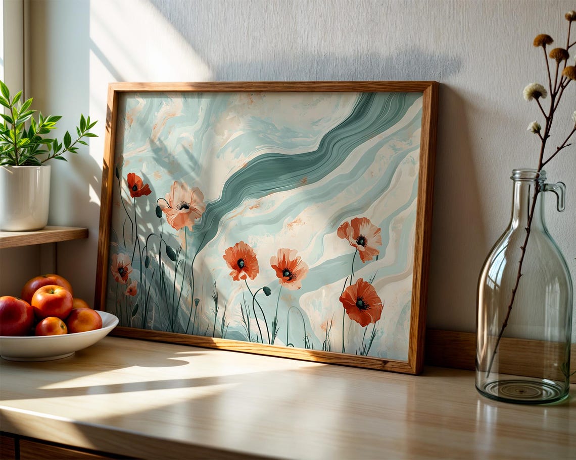 Coral Poppies Teal Marble Waves Modern Botanical Floral Wall Art - Image 3